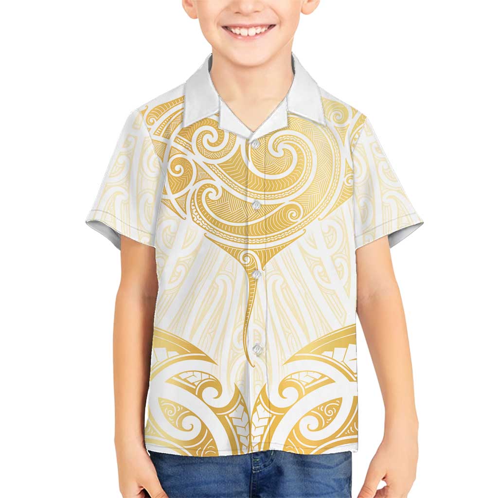 Gold White New Zealand Manta Ray Family Matching Off Shoulder Short Dress and Hawaiian Shirt Aotearoa Maori Haehae LT14 Son's Shirt White - Polynesian Pride