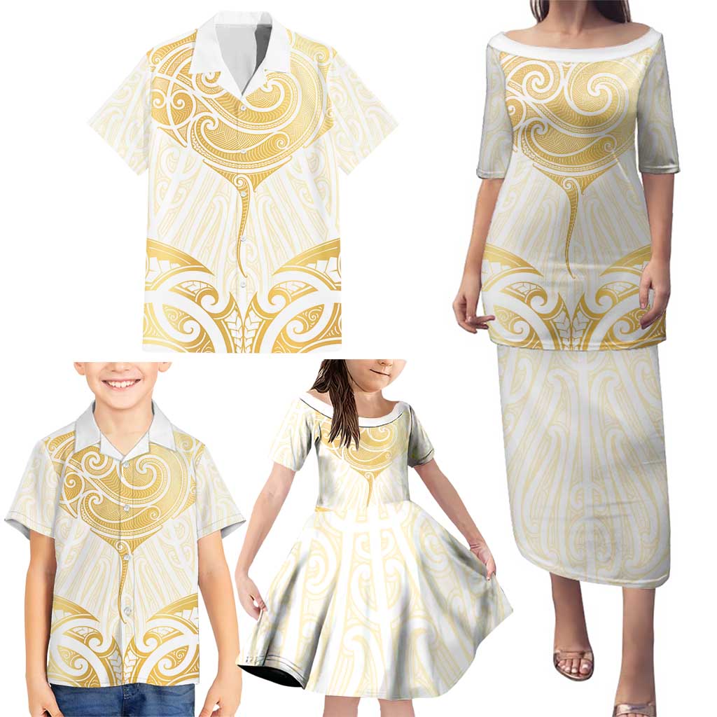 Gold White New Zealand Manta Ray Family Matching Puletasi and Hawaiian Shirt Aotearoa Maori Haehae LT14 - Polynesian Pride