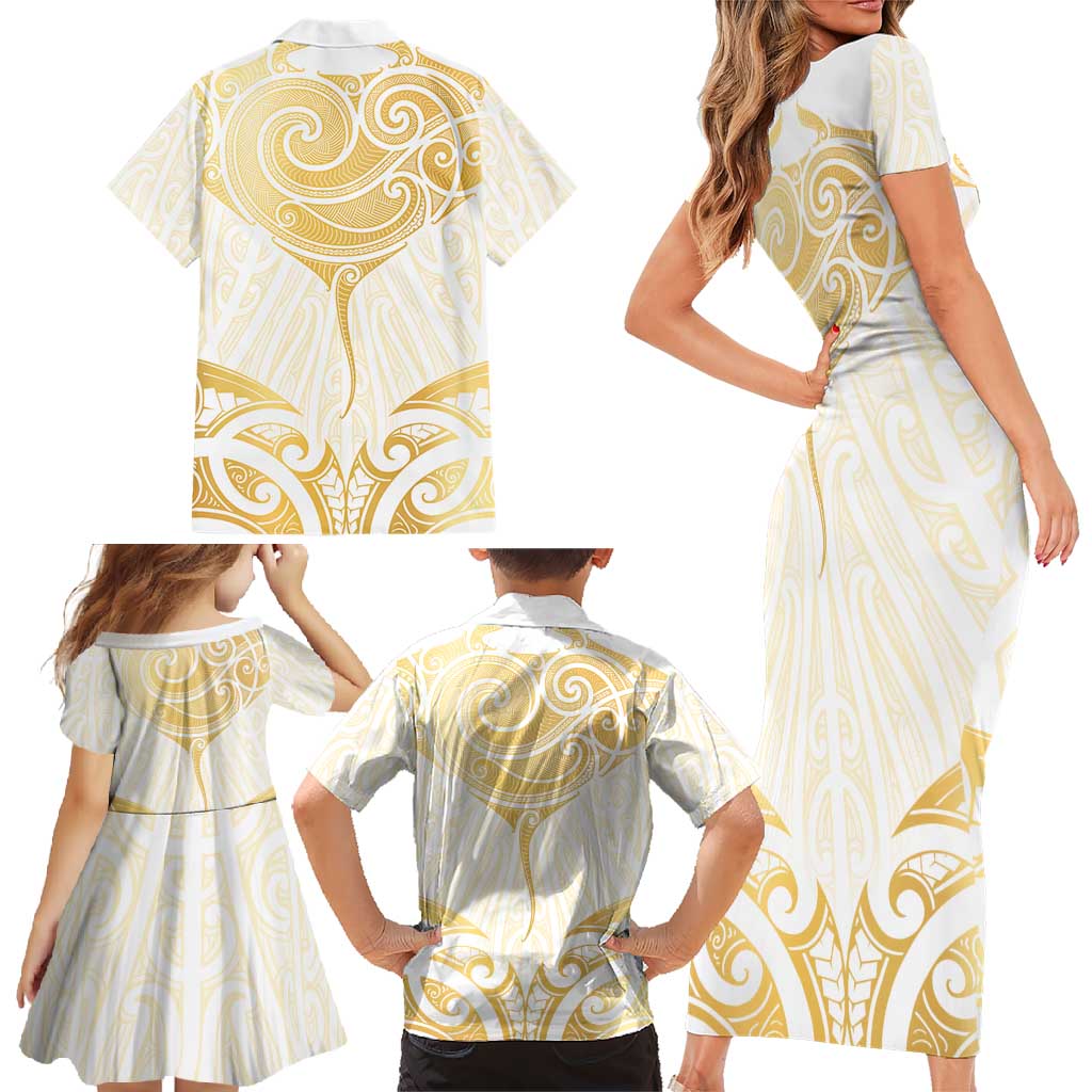 Gold White New Zealand Manta Ray Family Matching Short Sleeve Bodycon Dress and Hawaiian Shirt Aotearoa Maori Haehae LT14 - Polynesian Pride