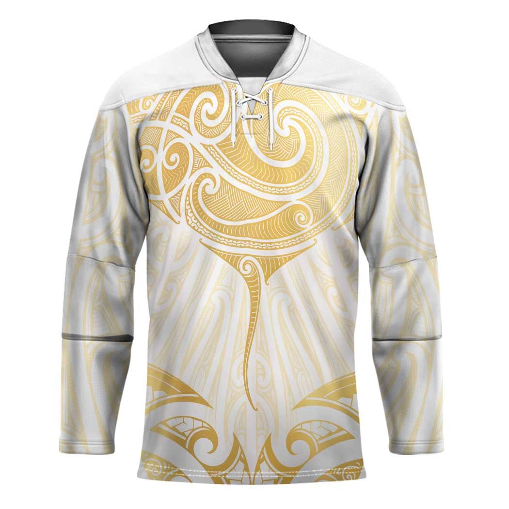Gold White New Zealand Manta Ray Hockey Jersey Aotearoa Maori Haehae LT14 Unisex White - Polynesian Pride