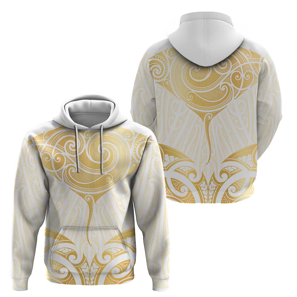 Gold White New Zealand Manta Ray Hoodie Aotearoa Maori Haehae - Polynesian Pride