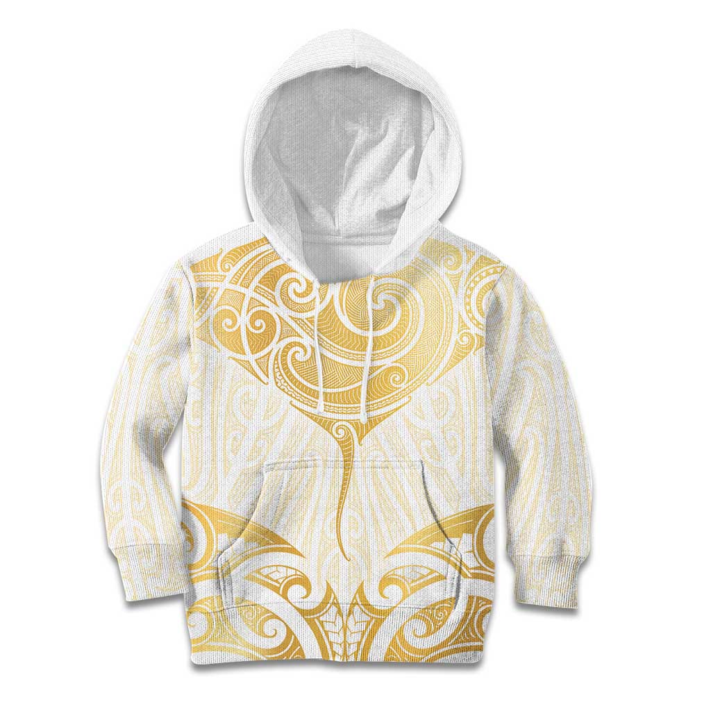 Gold White New Zealand Manta Ray Kid Hoodie Aotearoa Maori Haehae LT14 Hoodie White - Polynesian Pride