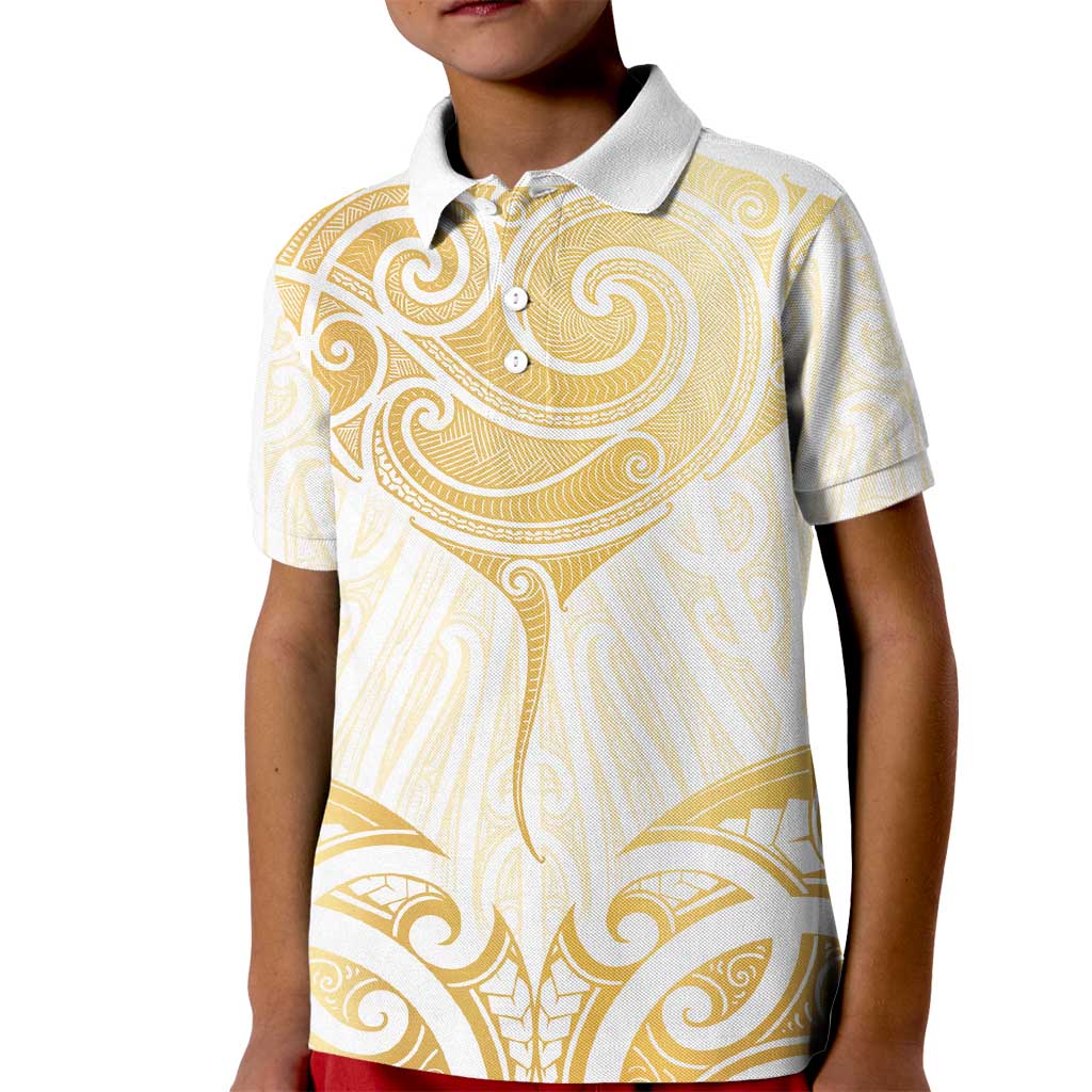 Gold White New Zealand Manta Ray Kid Polo Shirt Aotearoa Maori Haehae LT14 Kid White - Polynesian Pride