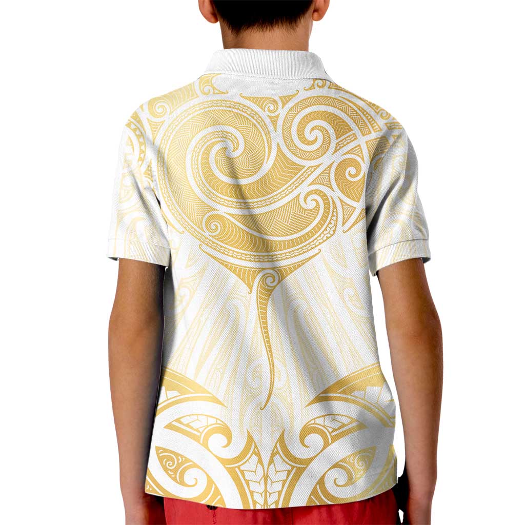 Gold White New Zealand Manta Ray Kid Polo Shirt Aotearoa Maori Haehae LT14 - Polynesian Pride