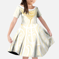 Gold White New Zealand Manta Ray Kid Short Sleeve Dress Aotearoa Maori Haehae LT14 KID White - Polynesian Pride