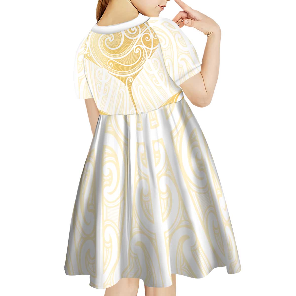 Gold White New Zealand Manta Ray Kid Short Sleeve Dress Aotearoa Maori Haehae LT14 - Polynesian Pride