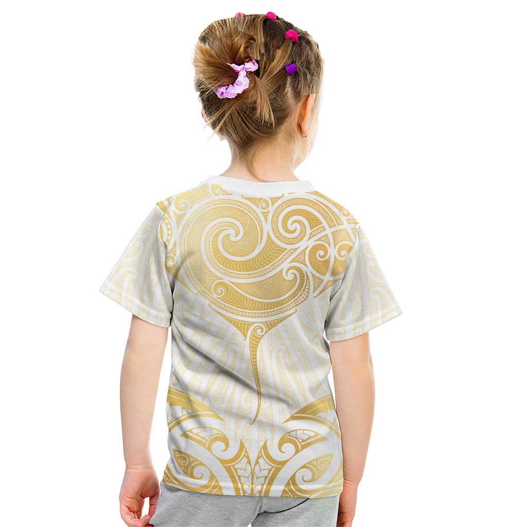 Gold White New Zealand Manta Ray Kid T Shirt Aotearoa Maori Haehae LT14 - Polynesian Pride