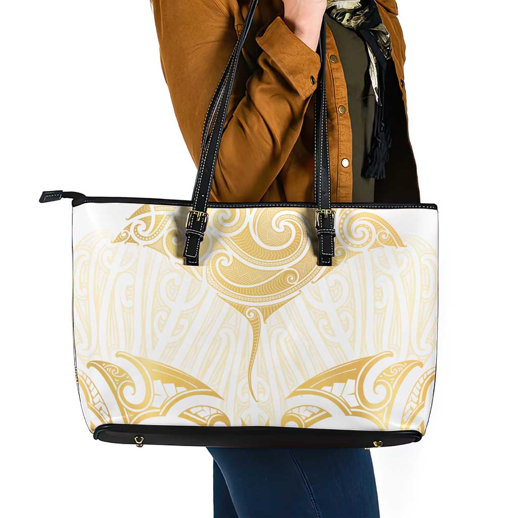 Gold White New Zealand Manta Ray Leather Tote Bag Aotearoa Maori Haehae - Polynesian Pride
