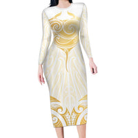 Gold White New Zealand Manta Ray Long Sleeve Bodycon Dress Aotearoa Maori Haehae LT14 Long Dress White - Polynesian Pride