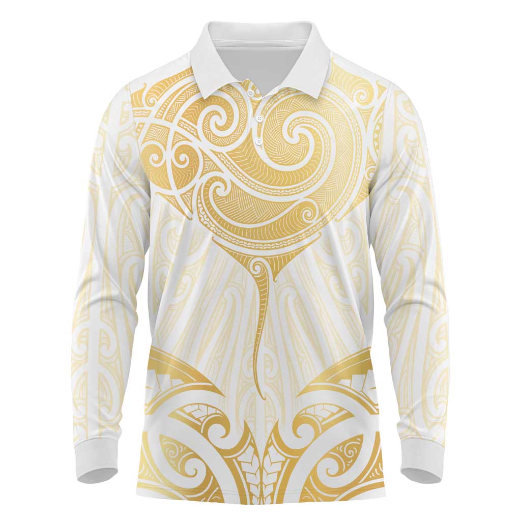 Gold White New Zealand Manta Ray Long Sleeve Polo Shirt Aotearoa Maori Haehae LT14 White - Polynesian Pride