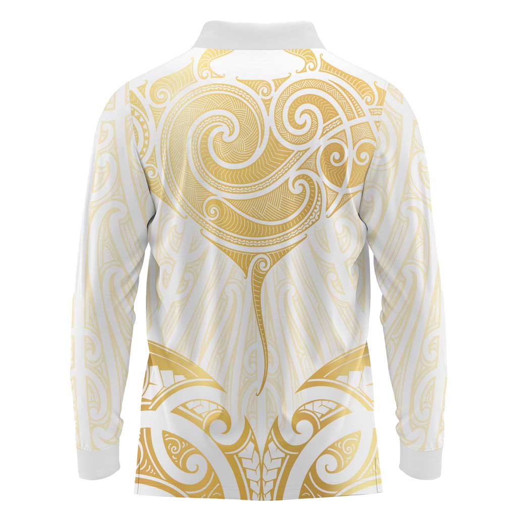 Gold White New Zealand Manta Ray Long Sleeve Polo Shirt Aotearoa Maori Haehae LT14 - Polynesian Pride