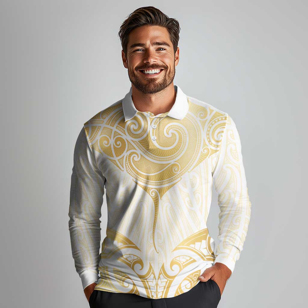 Gold White New Zealand Manta Ray Long Sleeve Polo Shirt Aotearoa Maori Haehae LT14 - Polynesian Pride