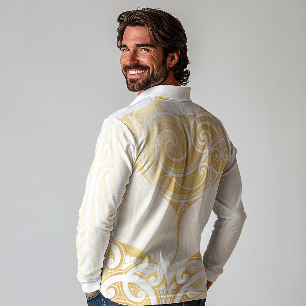 Gold White New Zealand Manta Ray Long Sleeve Polo Shirt Aotearoa Maori Haehae LT14 - Polynesian Pride