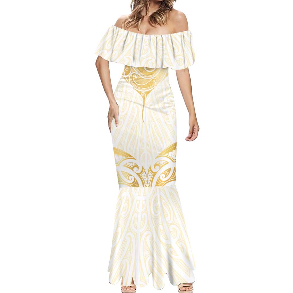Gold White New Zealand Manta Ray Mermaid Dress Aotearoa Maori Haehae LT14 - Polynesian Pride