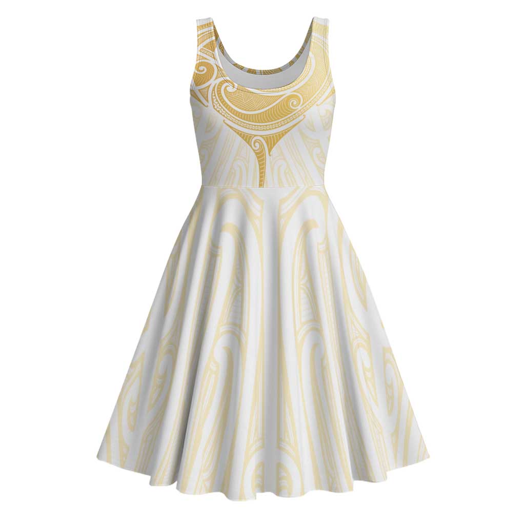 Gold White New Zealand Manta Ray Midi Dress Aotearoa Maori Haehae LT14 White - Polynesian Pride