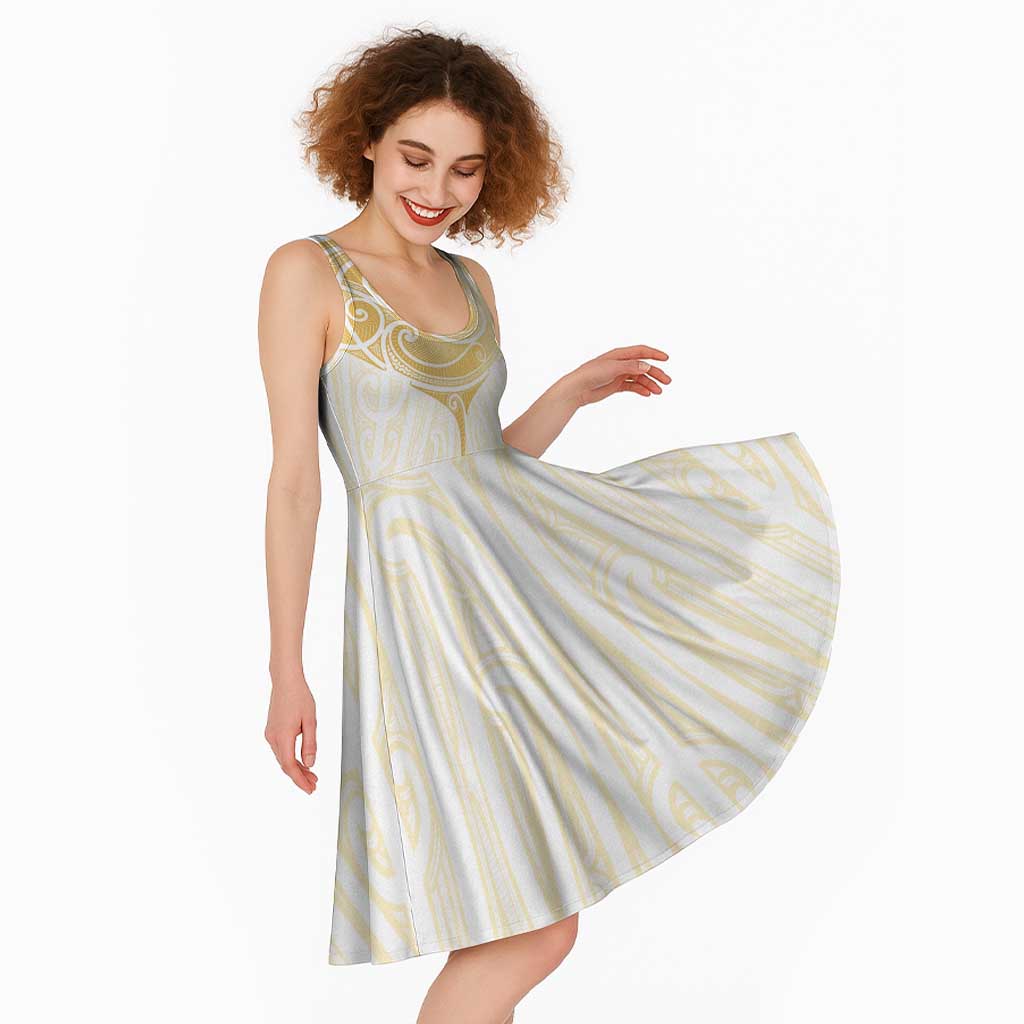 Gold White New Zealand Manta Ray Midi Dress Aotearoa Maori Haehae LT14 - Polynesian Pride