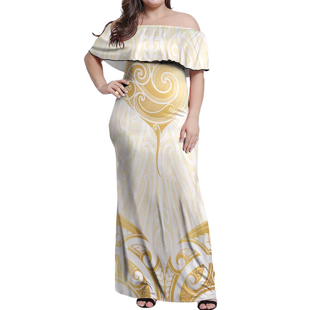 Gold White New Zealand Manta Ray Off Shoulder Maxi Dress Aotearoa Maori Haehae LT14 Women White - Polynesian Pride