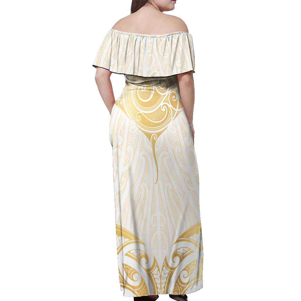 Gold White New Zealand Manta Ray Off Shoulder Maxi Dress Aotearoa Maori Haehae LT14 - Polynesian Pride