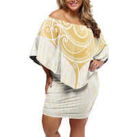 Gold White New Zealand Manta Ray Off Shoulder Short Dress Aotearoa Maori Haehae LT14 Women White - Polynesian Pride