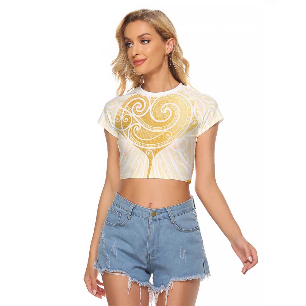 Gold White New Zealand Manta Ray Raglan Cropped T Shirt Aotearoa Maori Haehae LT14 Female White - Polynesian Pride