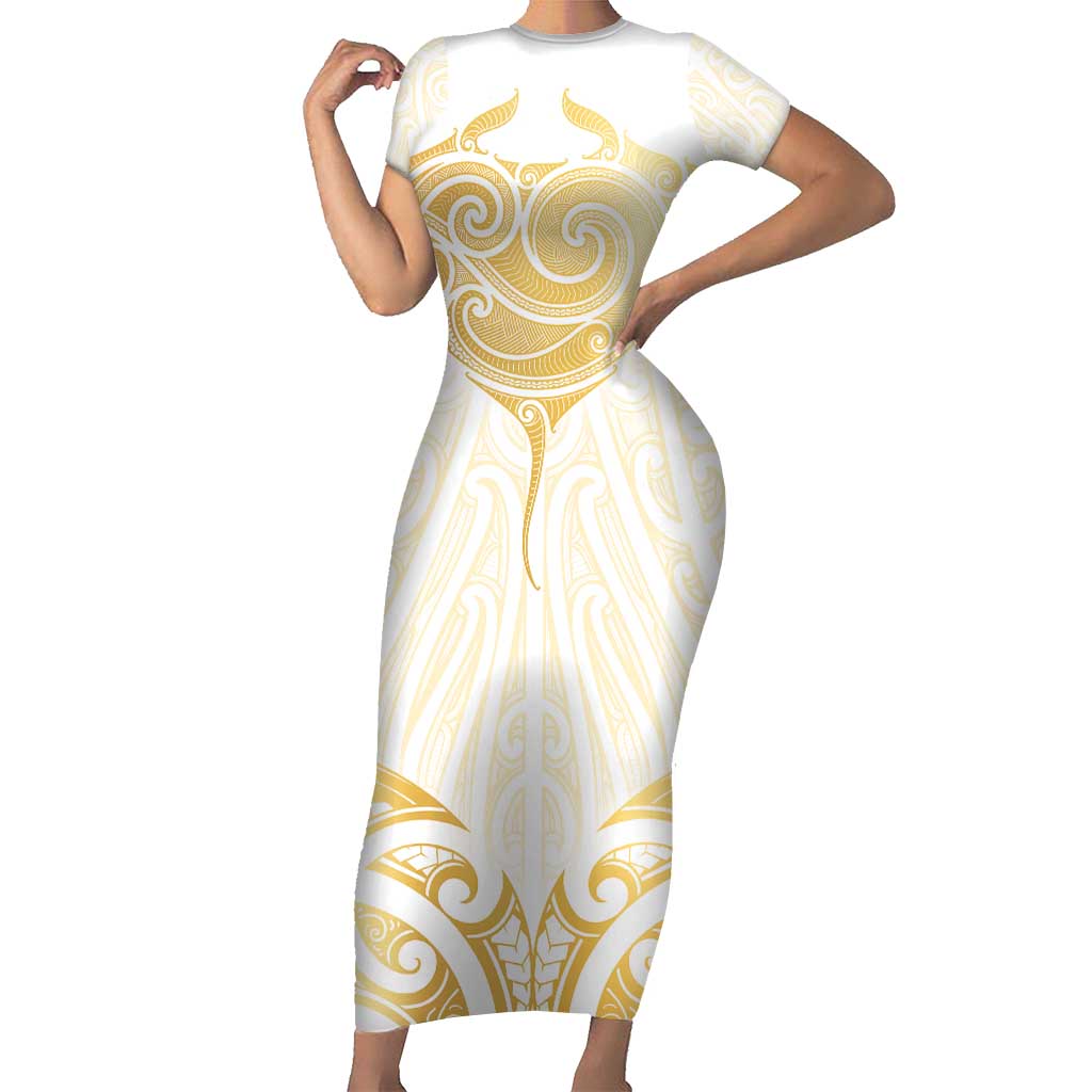 Gold White New Zealand Manta Ray Short Sleeve Bodycon Dress Aotearoa Maori Haehae LT14 Long Dress White - Polynesian Pride