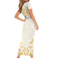 Gold White New Zealand Manta Ray Short Sleeve Bodycon Dress Aotearoa Maori Haehae LT14 - Polynesian Pride