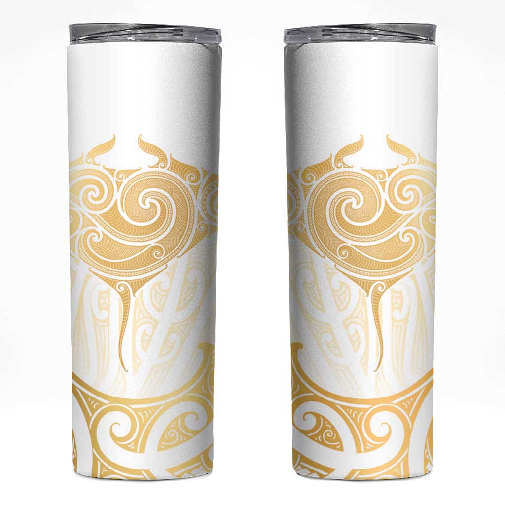 Gold White New Zealand Manta Ray Skinny Tumbler Aotearoa Maori Haehae LT14 White - Polynesian Pride