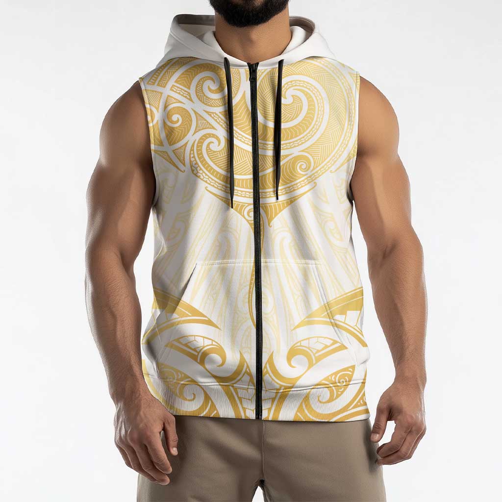 Gold White New Zealand Manta Ray Sleeveless Zip Hoodie Aotearoa Maori Haehae LT14 - Polynesian Pride