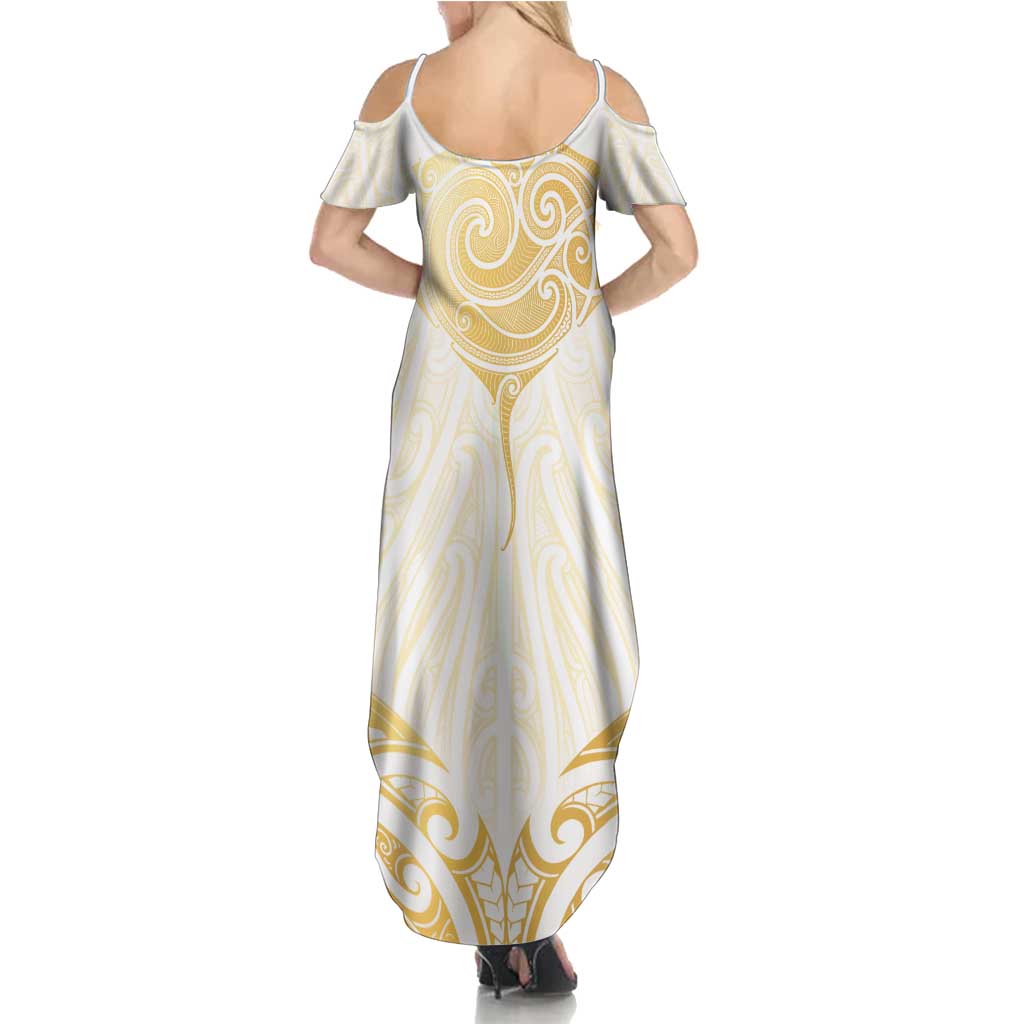 Gold White New Zealand Manta Ray Summer Maxi Dress Aotearoa Maori Haehae LT14 - Polynesian Pride