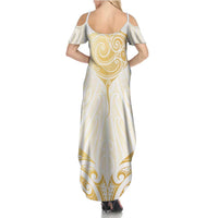 Gold White New Zealand Manta Ray Summer Maxi Dress Aotearoa Maori Haehae LT14 - Polynesian Pride