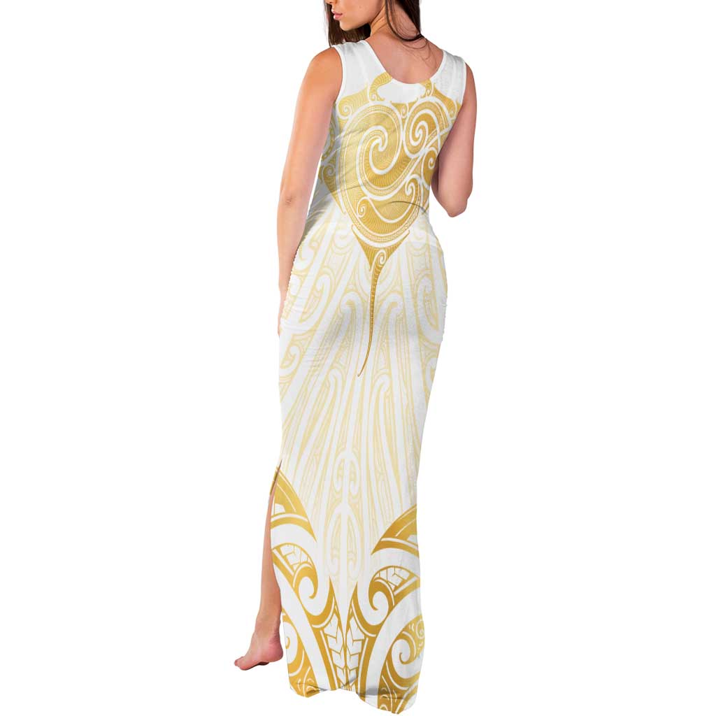 Gold White New Zealand Manta Ray Tank Maxi Dress Aotearoa Maori Haehae LT14 - Polynesian Pride