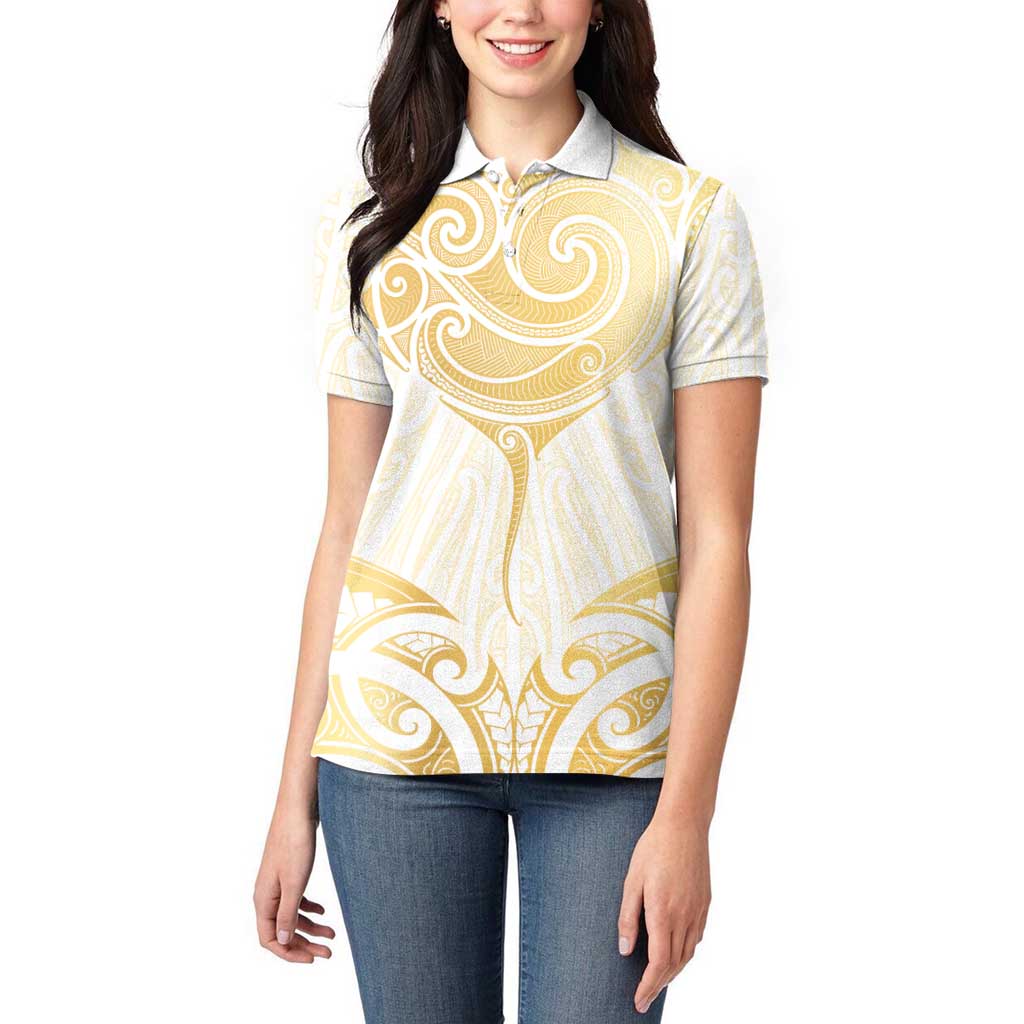 Gold White New Zealand Manta Ray Women Polo Shirt Aotearoa Maori Haehae - Polynesian Pride