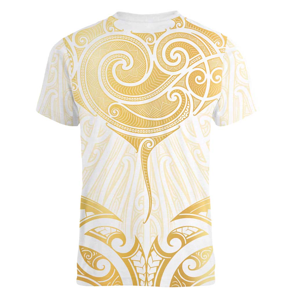 Gold White New Zealand Manta Ray Women V-Neck T-Shirt Aotearoa Maori Haehae LT14 - Polynesian Pride