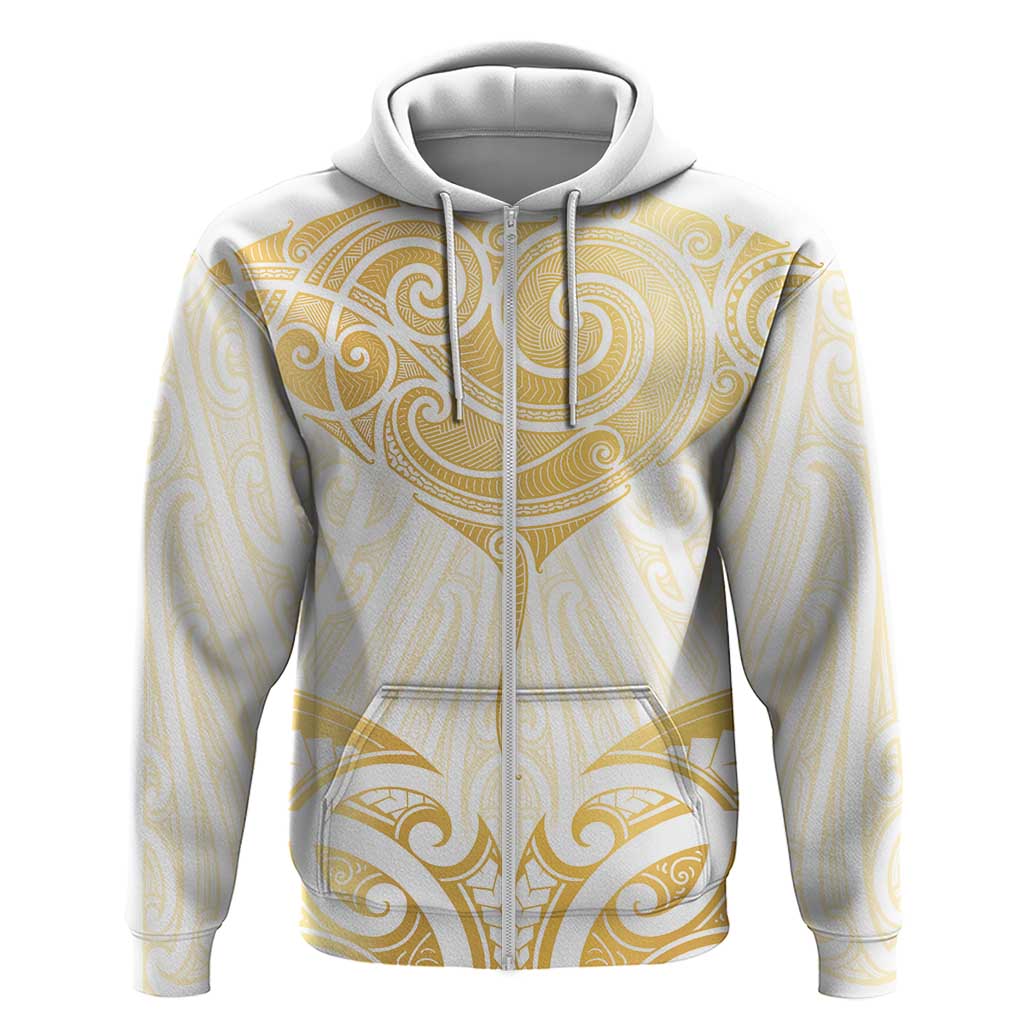 Gold White New Zealand Manta Ray Zip Hoodie Aotearoa Maori Haehae LT14 Zip Hoodie White - Polynesian Pride