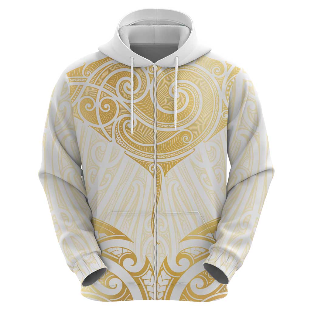 Gold White New Zealand Manta Ray Zip Hoodie Aotearoa Maori Haehae LT14 - Polynesian Pride