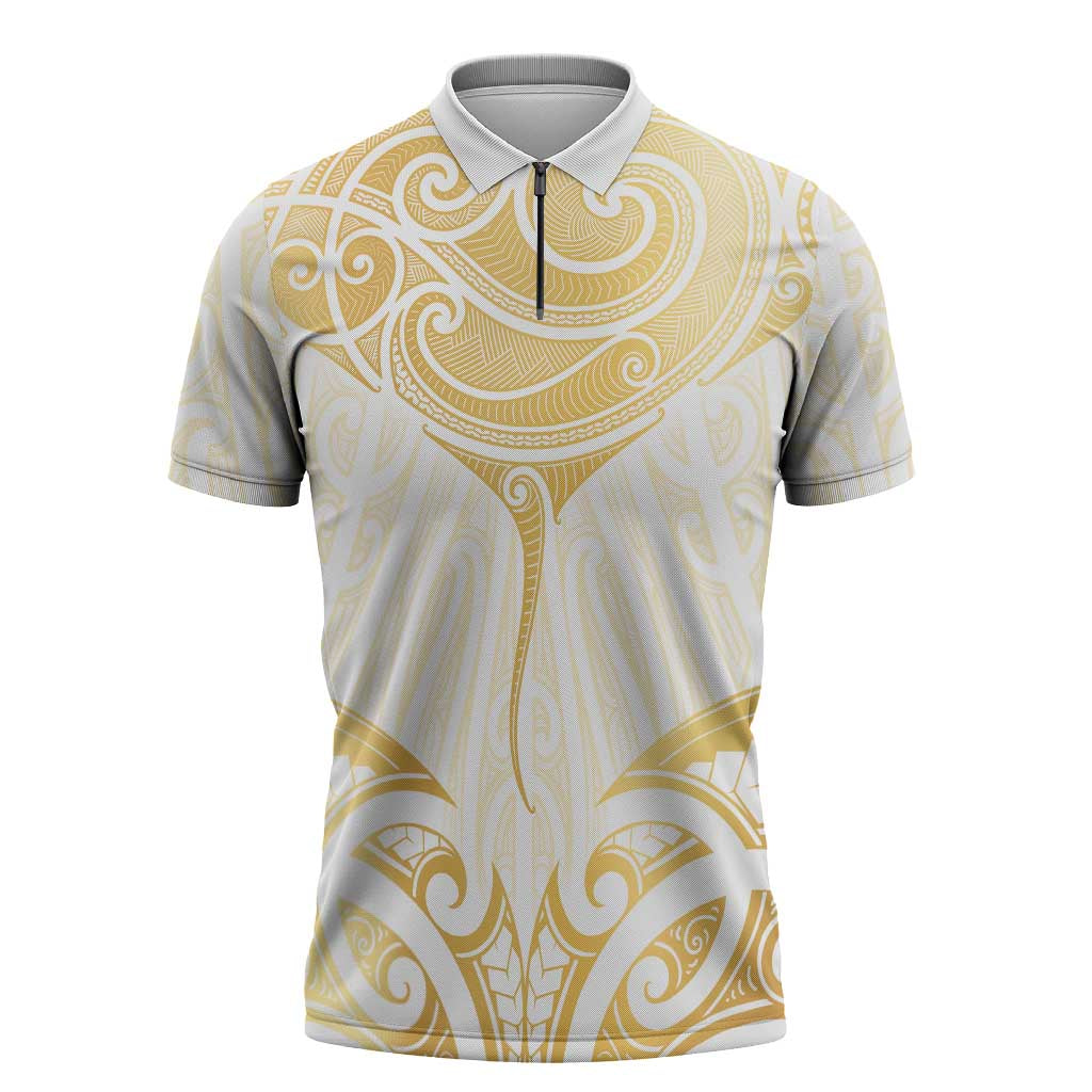 Gold White New Zealand Manta Ray Zipper Polo Shirt Aotearoa Maori Haehae LT14 White - Polynesian Pride