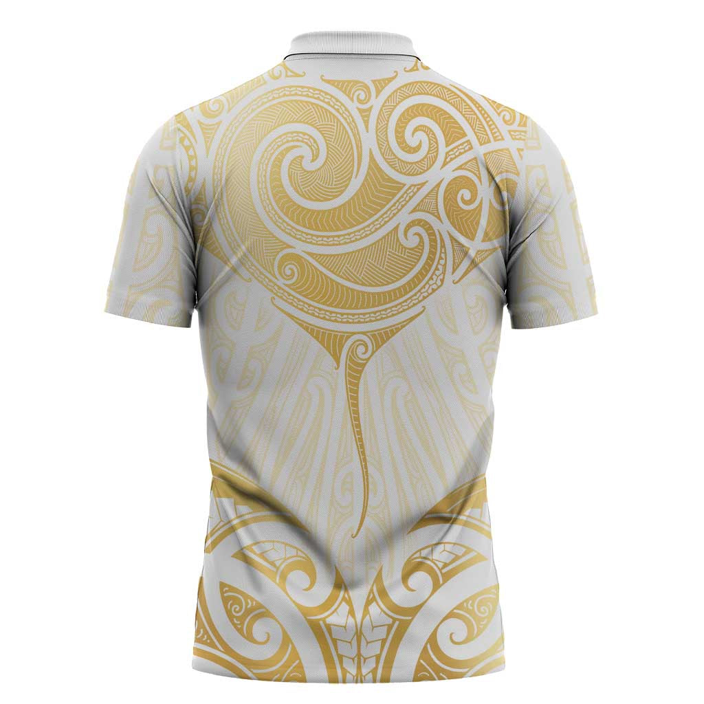 Gold White New Zealand Manta Ray Zipper Polo Shirt Aotearoa Maori Haehae LT14 - Polynesian Pride