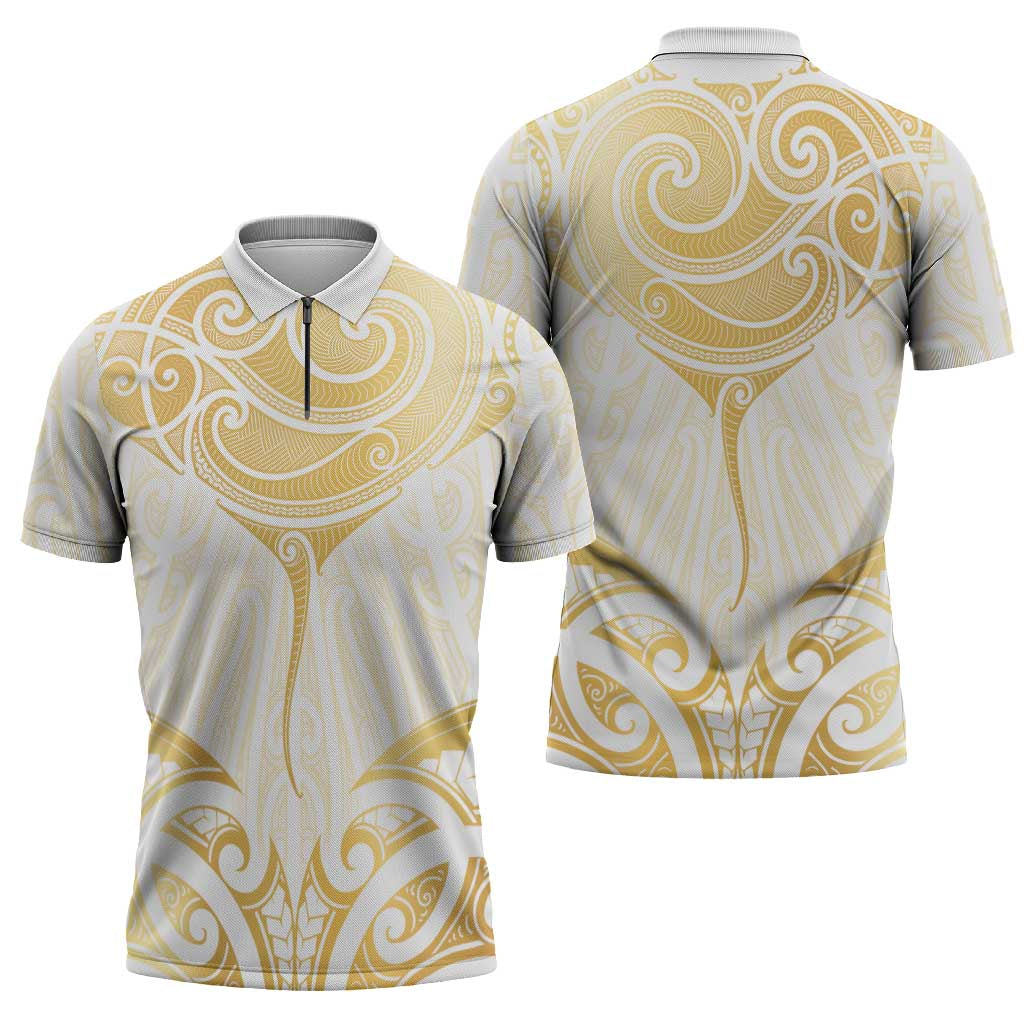 Gold White New Zealand Manta Ray Zipper Polo Shirt Aotearoa Maori Haehae LT14 - Polynesian Pride