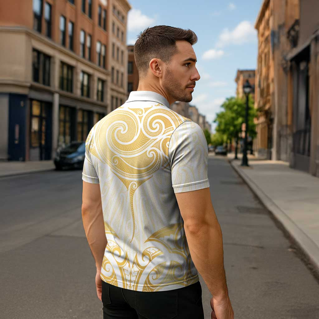 Gold White New Zealand Manta Ray Zipper Polo Shirt Aotearoa Maori Haehae LT14 - Polynesian Pride