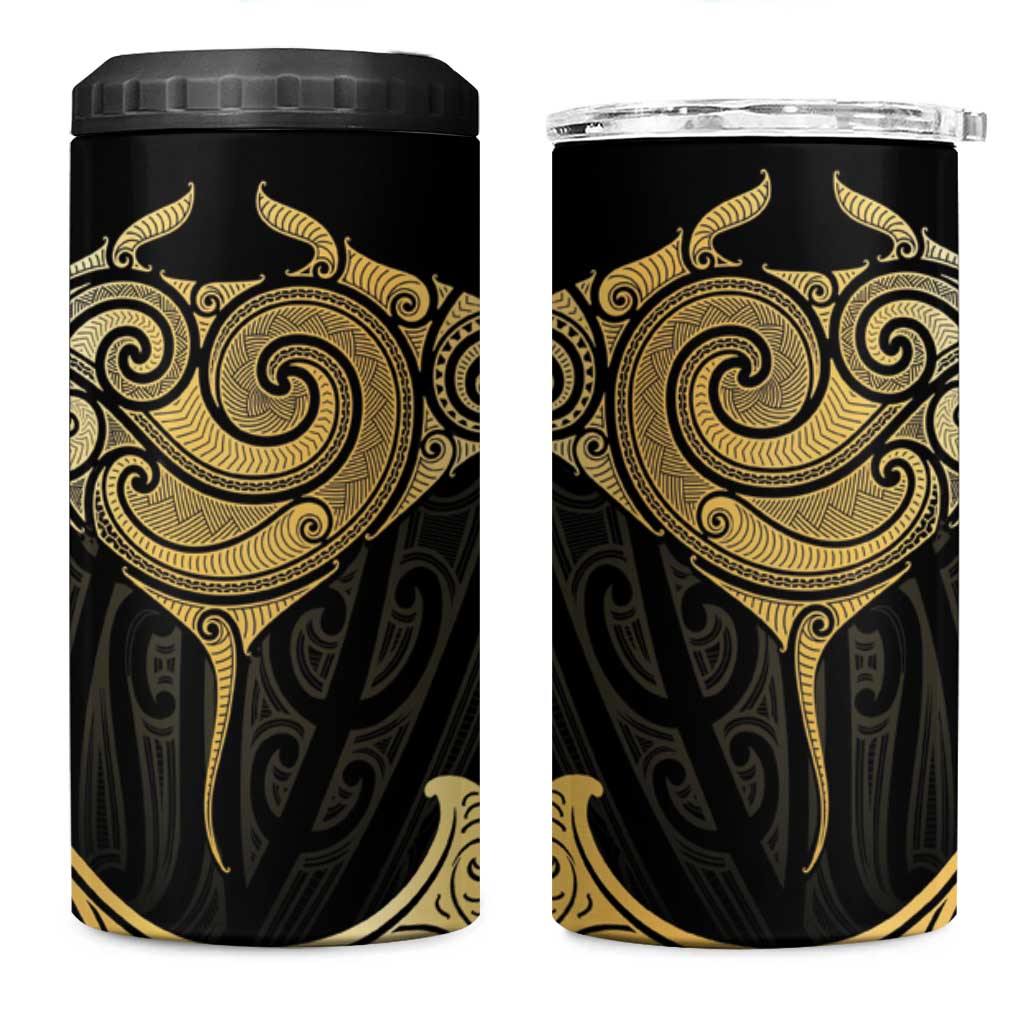 Gold Black New Zealand Manta Ray 4 in 1 Can Cooler Tumbler Aotearoa Maori Haehae LT14 One Size: 16 oz Black - Polynesian Pride