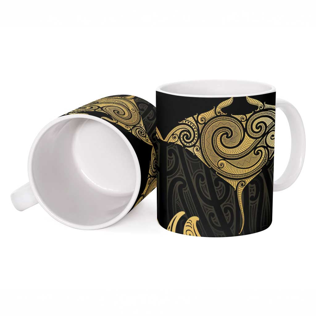 Gold Black New Zealand Manta Ray Ceramic Mug Aotearoa Maori Haehae - Polynesian Pride