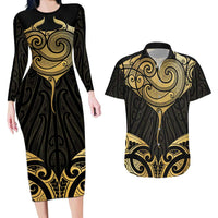 Gold Black New Zealand Manta Ray Couples Matching Long Sleeve Bodycon Dress and Hawaiian Shirt Aotearoa Maori Haehae LT14 Black - Polynesian Pride