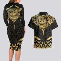 Gold Black New Zealand Manta Ray Couples Matching Long Sleeve Bodycon Dress and Hawaiian Shirt Aotearoa Maori Haehae LT14 - Polynesian Pride