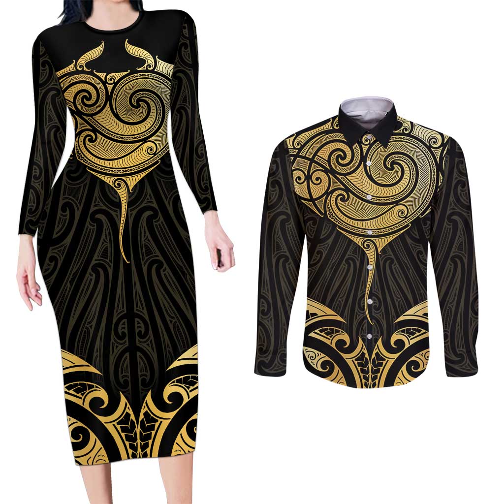 Gold Black New Zealand Manta Ray Couples Matching Long Sleeve Bodycon Dress and Long Sleeve Button Shirt Aotearoa Maori Haehae LT14 Black - Polynesian Pride