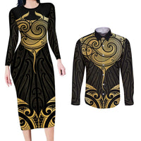 Gold Black New Zealand Manta Ray Couples Matching Long Sleeve Bodycon Dress and Long Sleeve Button Shirt Aotearoa Maori Haehae LT14 Black - Polynesian Pride
