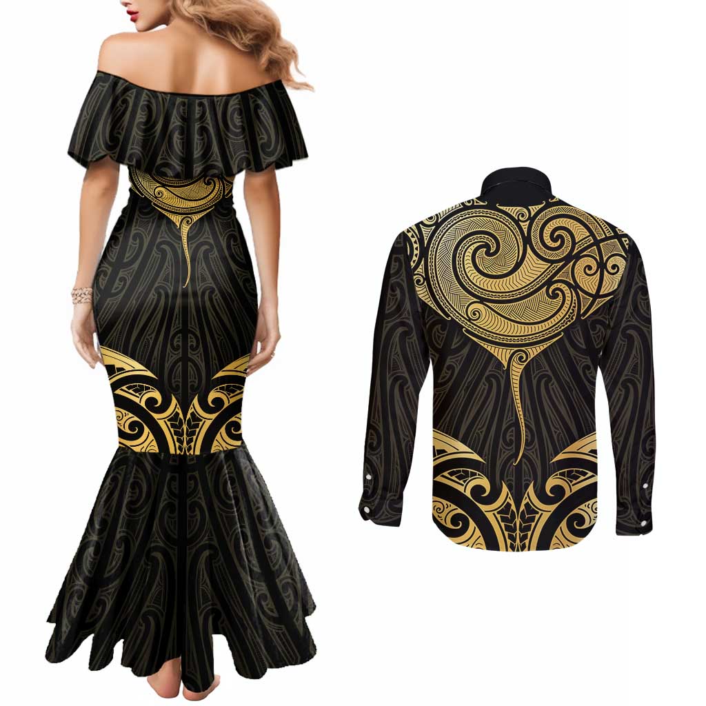 Gold Black New Zealand Manta Ray Couples Matching Mermaid Dress and Long Sleeve Button Shirt Aotearoa Maori Haehae LT14 - Polynesian Pride