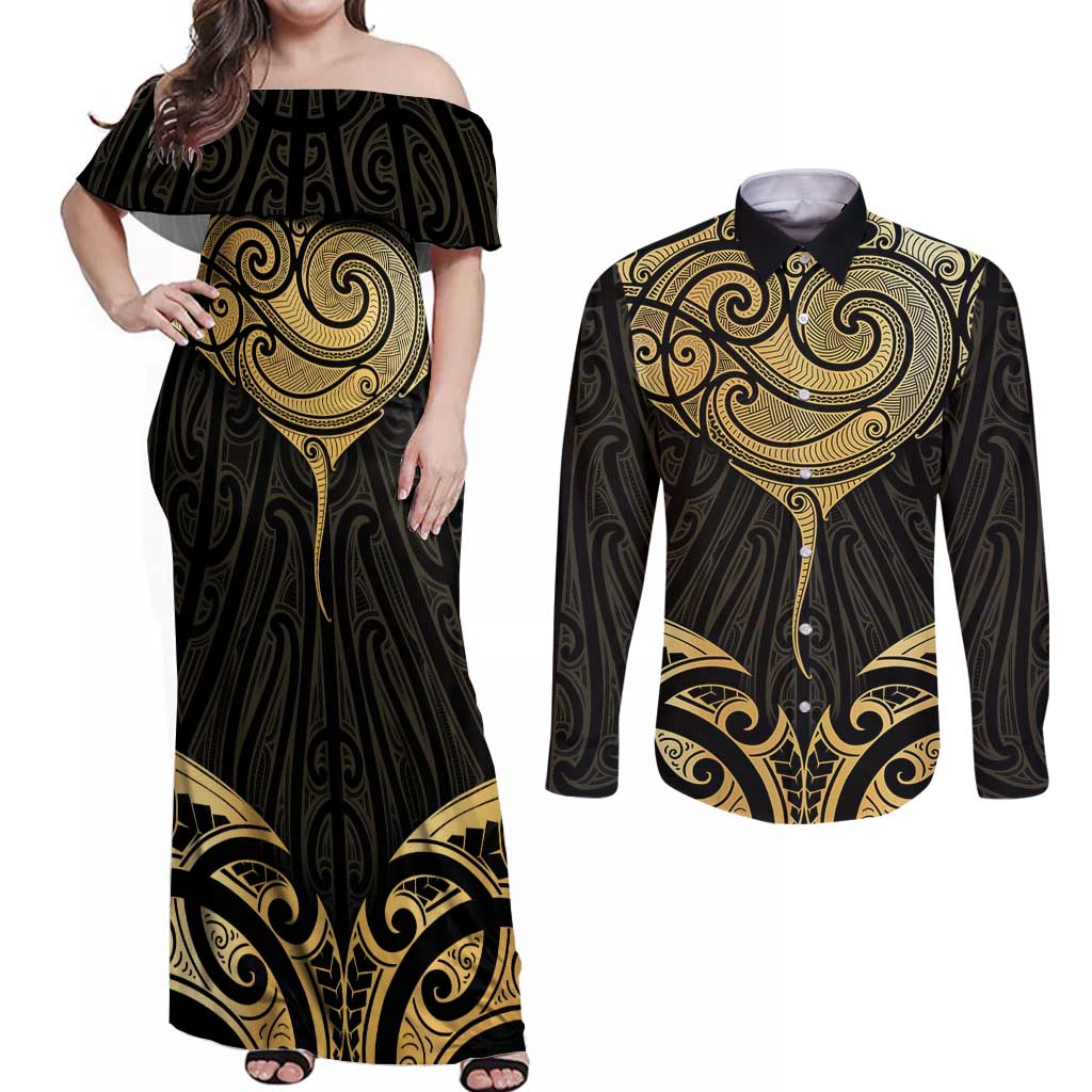 Gold Black New Zealand Manta Ray Couples Matching Off Shoulder Maxi Dress and Long Sleeve Button Shirt Aotearoa Maori Haehae LT14 Black - Polynesian Pride