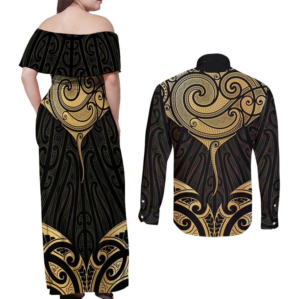 Gold Black New Zealand Manta Ray Couples Matching Off Shoulder Maxi Dress and Long Sleeve Button Shirt Aotearoa Maori Haehae LT14 - Polynesian Pride
