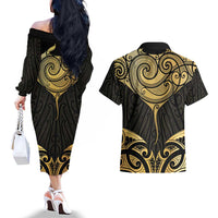 Gold Black New Zealand Manta Ray Couples Matching Off The Shoulder Long Sleeve Dress and Hawaiian Shirt Aotearoa Maori Haehae LT14 - Polynesian Pride