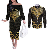 Gold Black New Zealand Manta Ray Couples Matching Off The Shoulder Long Sleeve Dress and Long Sleeve Button Shirt Aotearoa Maori Haehae LT14 Black - Polynesian Pride